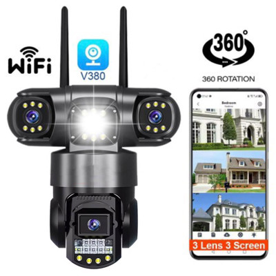 V380 PRO 3 Lens WIFI IP Camera Outdoor Waterproof 6MP Mobile Controled Auto Tracking Color Night Vision Two Way Audio Three Lens PTZ CCTV Camera